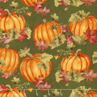 Colors of Fall - Pumpkins and Leaves Green Yardage
