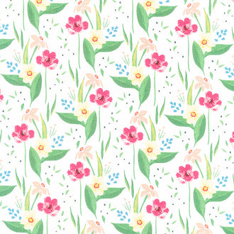 Cora - Happy Floral White Yardage