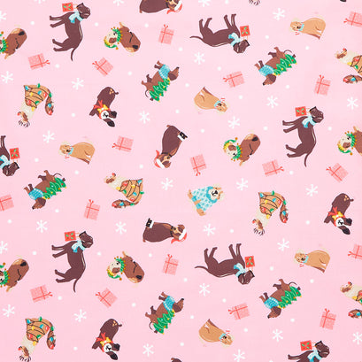 Furry and Bright - Holiday Dogs Pink Yardage