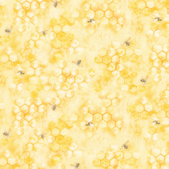 Honey Bee Farm - Flying Bee On Honey Combs Yellow Yardage