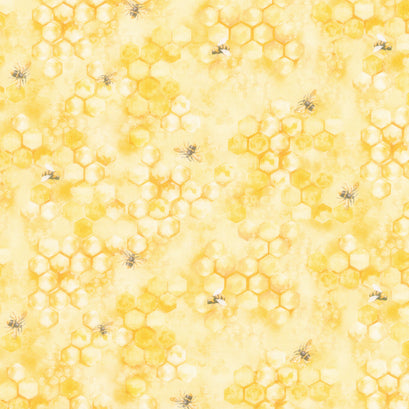 Honey Bee Farm - Flying Bee On Honey Combs Yellow Yardage