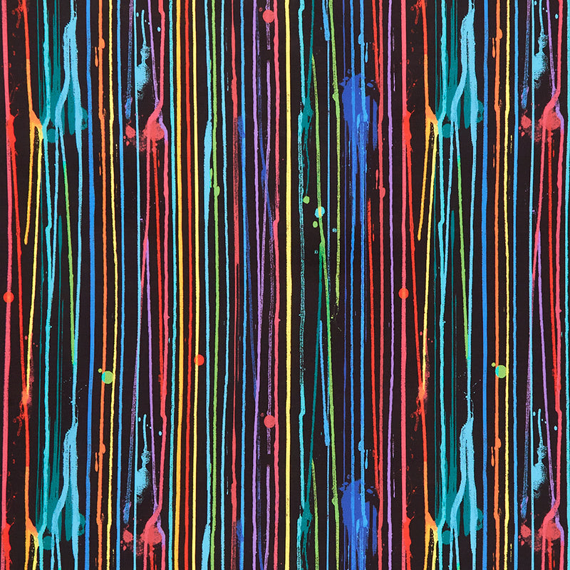 Untamed Beauty - Bright Dripping Paint Stripes Black Yardage Primary Image