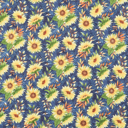 Autumn Sun - Tossed Sunflowers Navy Yardage