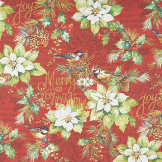 Deck the Halls - Feature Poinsettia with Birds Red Yardage