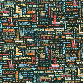 Destinations - Of the World Text Black Yardage