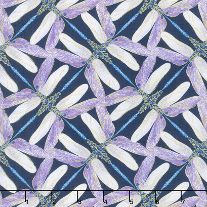 Dragonfly Dance - Blue Pinwheel Geometric Navy Violet Metallic Yardage