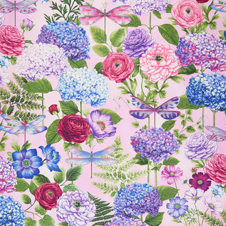 Dragonfly Garden - Hydrangea Bouquets Peony Pink Yardage