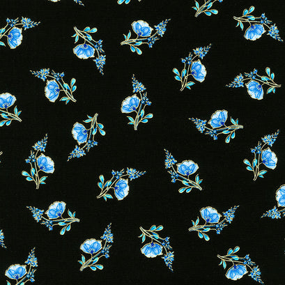 Royal Plume - Tossed Blue Small Florals Black Metallic Yardage
