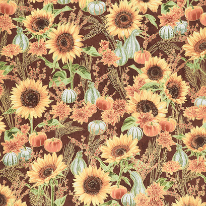 Autumn Fields - Sunflowers Walnut Metallic Yardage