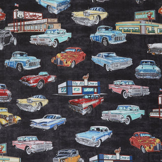Motorin' - Vintage Cars Black Yardage