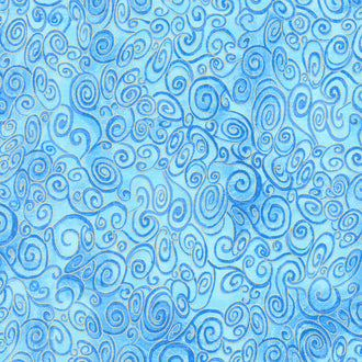 Wings of Gold - Swirly Scrolls Blue Metallic Yardage