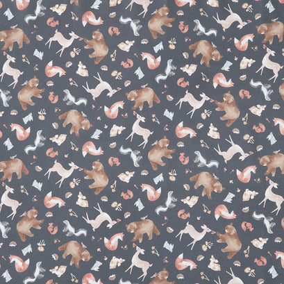 Into The Woods - Tossed Forest Animals Slate Yardage