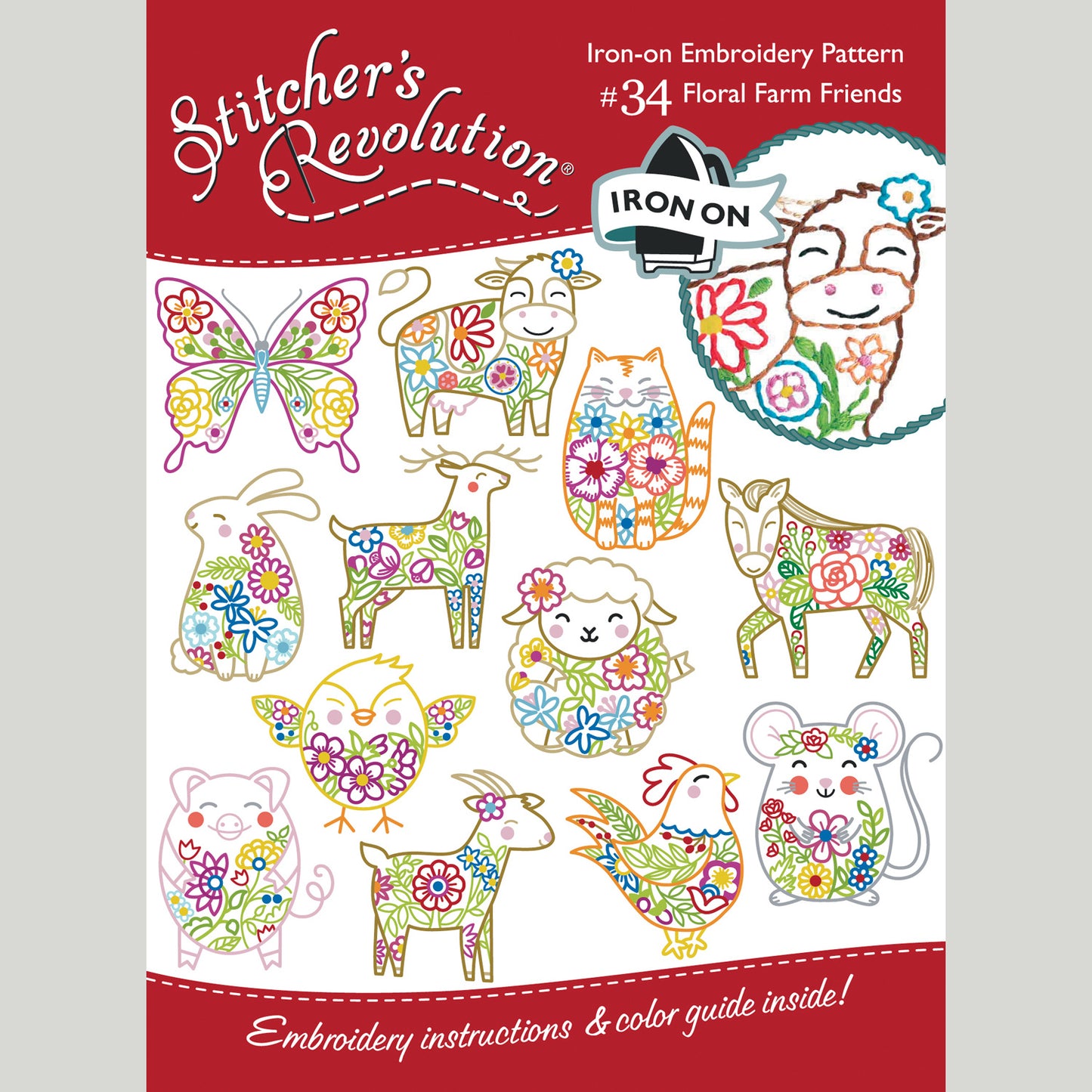 Stitcher's Revolution Floral Farm Friends Iron-On Embroidery Pattern Primary Image