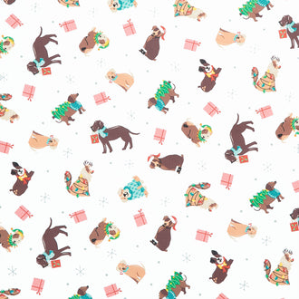Furry and Bright - Holiday Dogs White Yardage