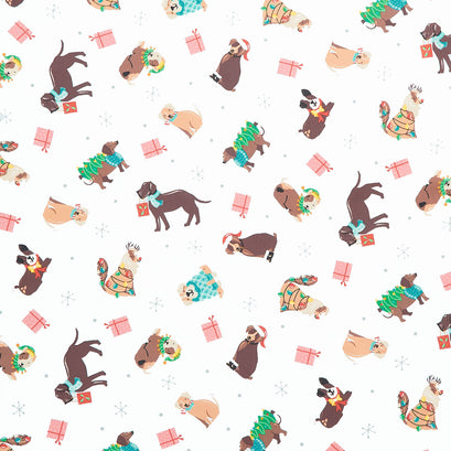 Furry and Bright - Holiday Dogs White Yardage
