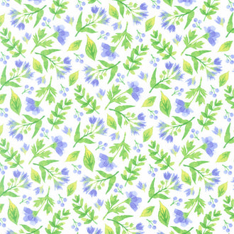Pressed Flowers - Blue Flower Toss White Multi Yardage