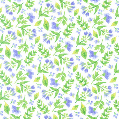 Pressed Flowers - Blue Flower Toss White Multi Yardage