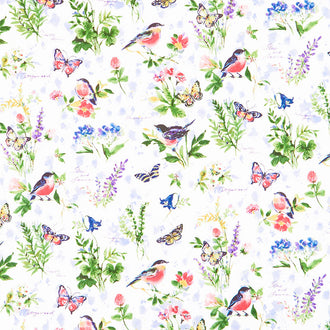 Among the Branches - Bird Floral White Yardage
