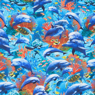 Jewels of the Sea - Dolphins Azure Digitally Printed Yardage