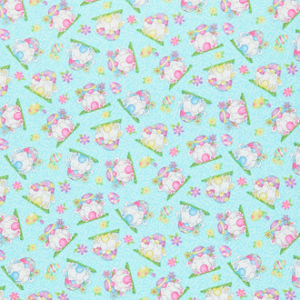 Hoppy Easter Gnomies - Bunnies Tossed Blue Yardage