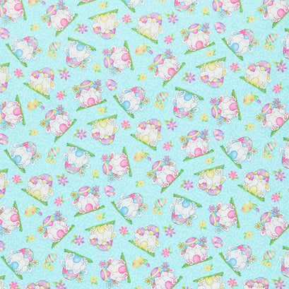 Hoppy Easter Gnomies - Bunnies Tossed Blue Yardage