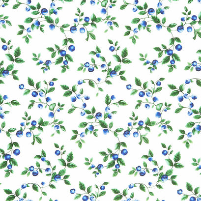 Blueberry Delight - Blueberries Branch White Yardage