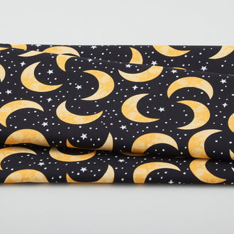 Spooky Friends - Tossed Moons & Stars Glow Black One Yard Cut