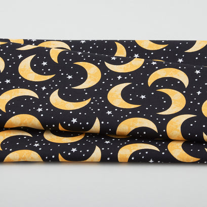 Spooky Friends - Tossed Moons & Stars Glow Black One Yard Cut