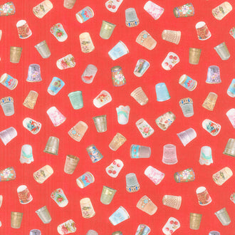 Vintage Sewing Stash - Vintage Thimbles Red Yardage