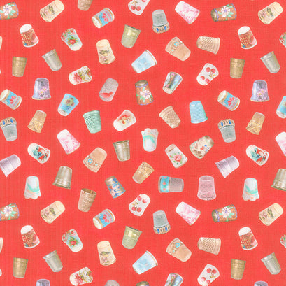 Vintage Sewing Stash - Vintage Thimbles Red Yardage