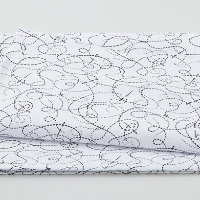 Needle & Thread - Threaded Lines & Needle Black on White 108" Wide 3 Yard Cut