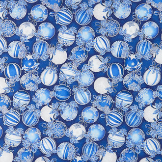 Holiday Flourish Blue - Ornaments Blue Metallic Yardage
