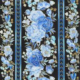 Royal Plume - Royal Blue Floral 11" Stripe Black Metallic Yardage Primary Image