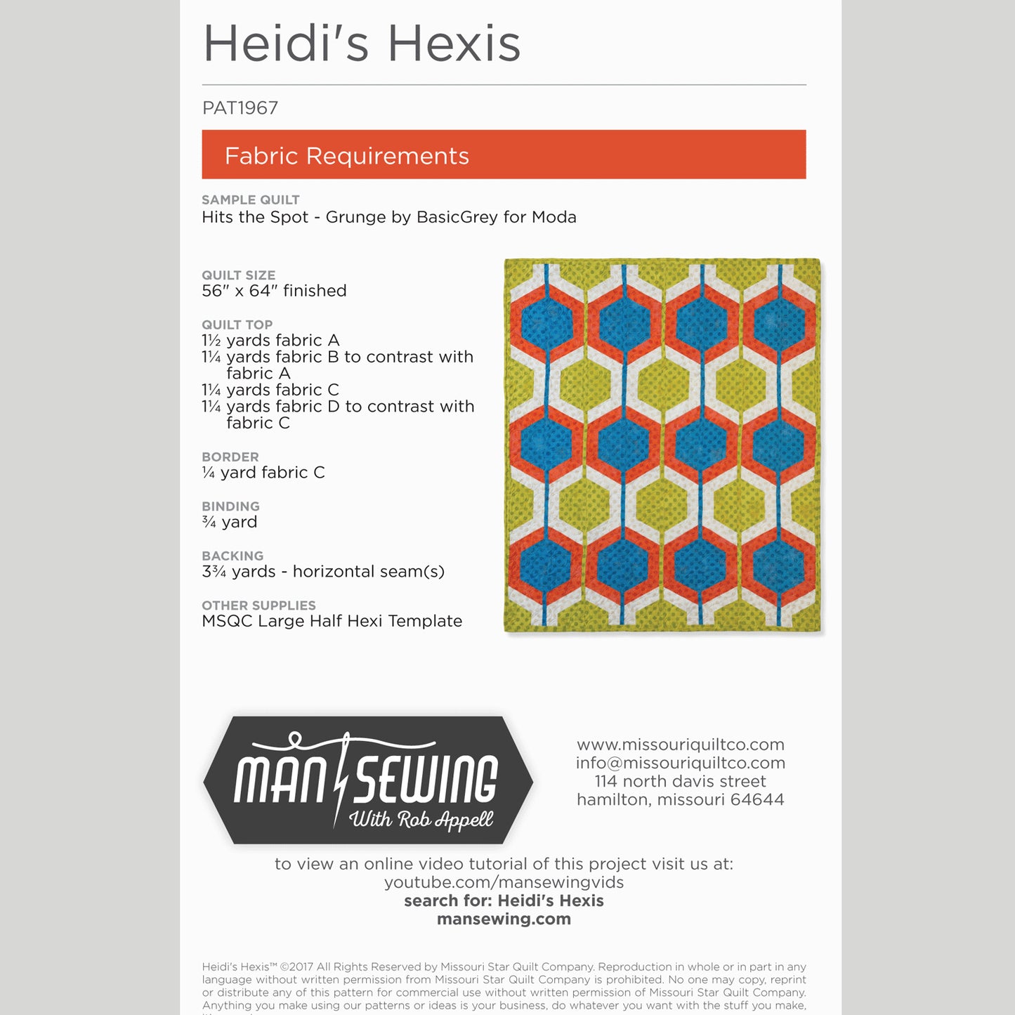 Digital Download - Heidi's Hexis Quilt Pattern from Man Sewing Alternative View #1