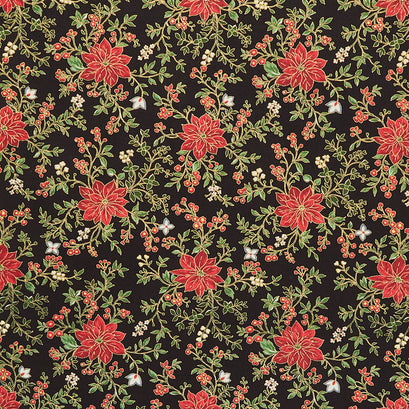Merry Manor Metallic - Poinsettia Waltz Black Yardage