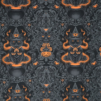 Storybook Halloween - Black Cat Damask Black Yardage