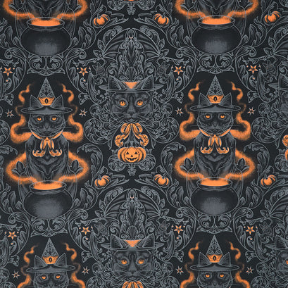 Storybook Halloween - Black Cat Damask Black Yardage