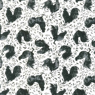 Proud Rooster - Rooster Toss Ivory Black Yardage