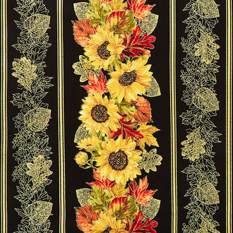 Fall Glory - Harvest Sunflower 11" Stripe Black Metallic Yardage