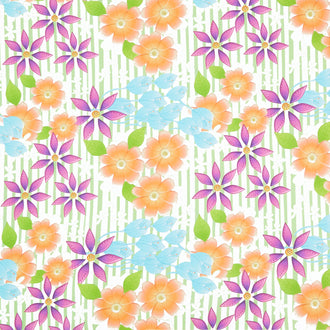 Blooming Medium Flowers Multi Stripe - White Multi Yardage
