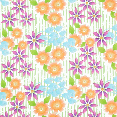 Blooming Medium Flowers Multi Stripe - White Multi Yardage
