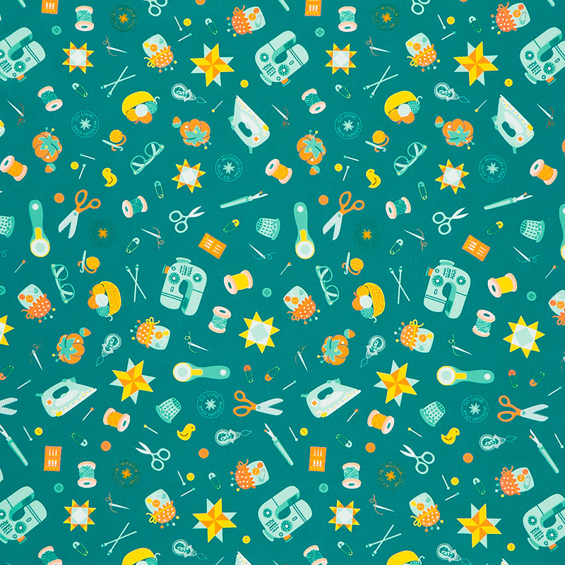 Quilt Town - Tossed Quilt Notions Teal Yardage Primary Image