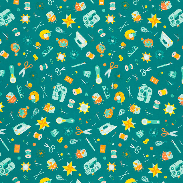 Quilt Town - Tossed Quilt Notions Teal Yardage Primary Image