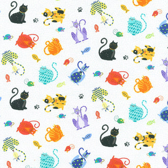 Feeline Good - Tossed Cats White Yardage
