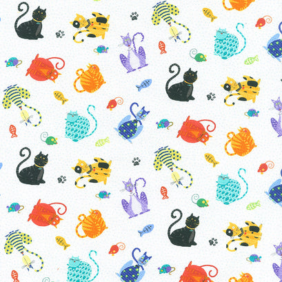 Feeline Good - Tossed Cats White Yardage