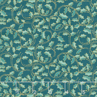 Festive Chickadee - Golden Leaf Dark Teal Metallic Yardage