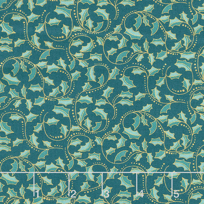 Festive Chickadee - Golden Leaf Dark Teal Metallic Yardage