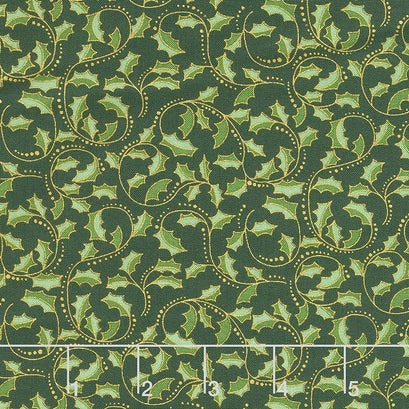 Festive Chickadee - Golden Leaf Scroll Dark Green Metallic Yardage
