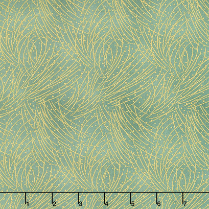 Festive Chickadee - Golden Pine Leaf Metallic Yardage