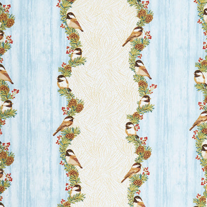 Festive Chickadee - Stripe Sea Mist Metallic Yardage